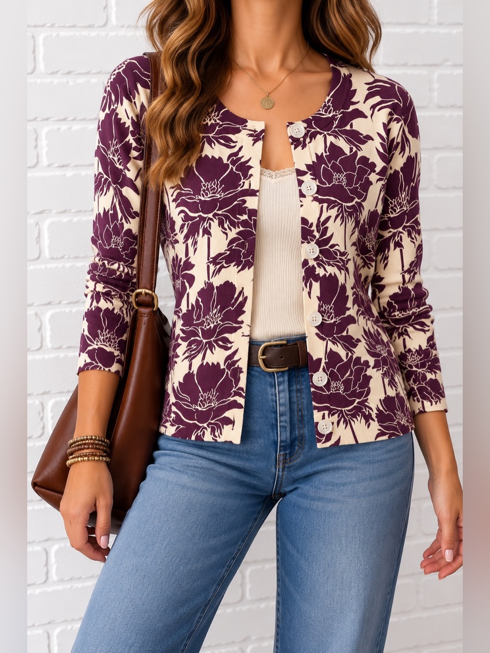 Vintage Y2K Isaac Mizrahi for Target Floral Cardigan M Purple Cream Plum